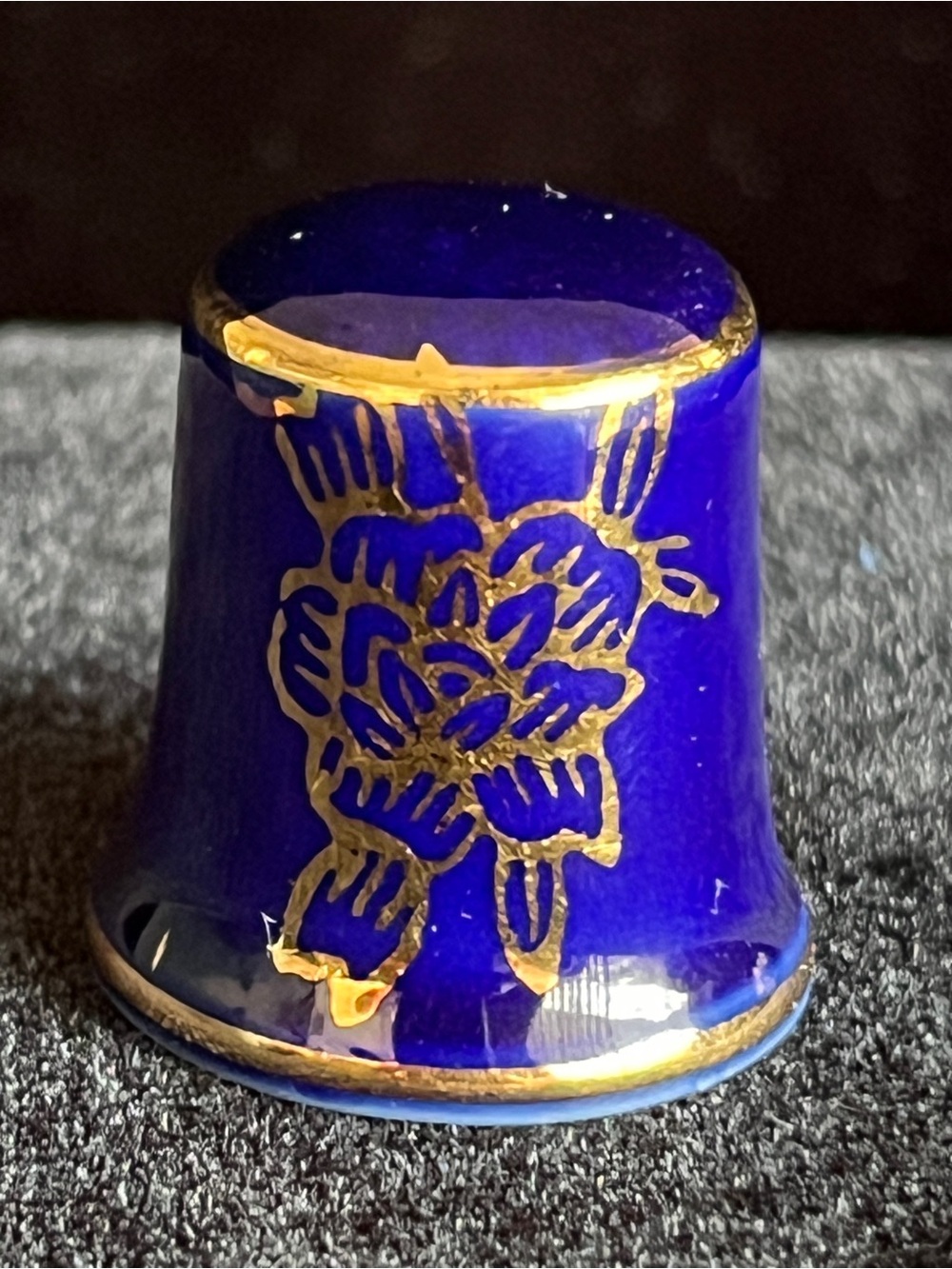 Vintage Cobalt Blue Porcelain Collectible 1" Thimble Gold Trim Knobler Japan